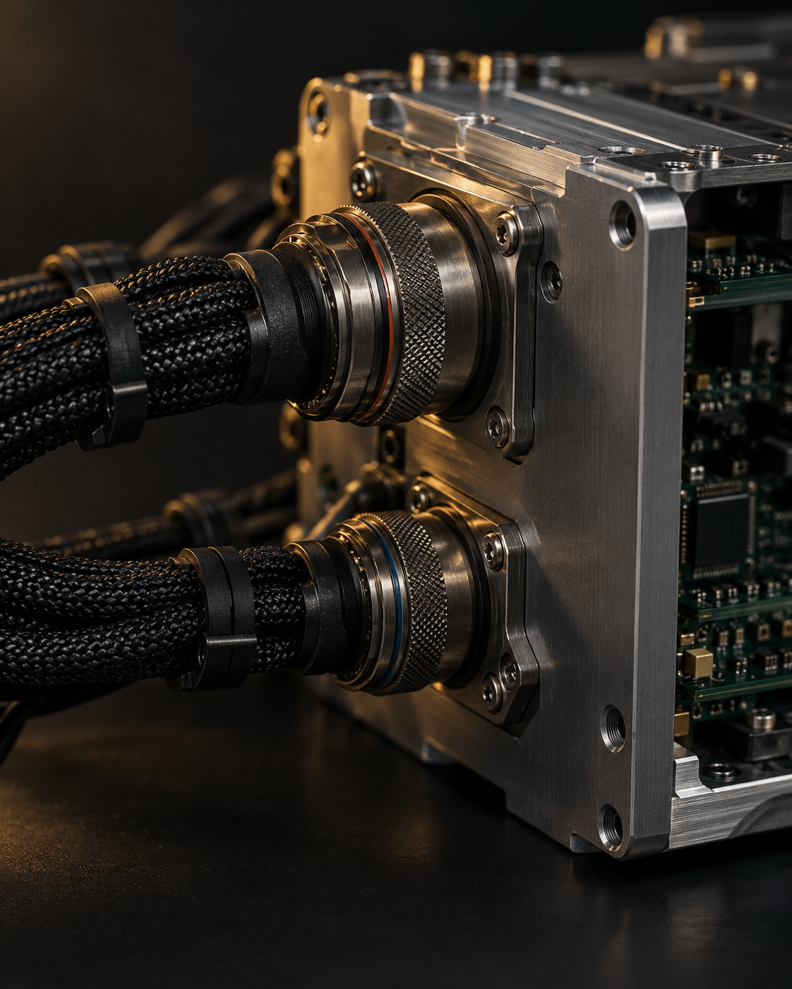 Conceptual engine-control hardware detail showing braided cables, circular connectors and electronics in a metal enclosure