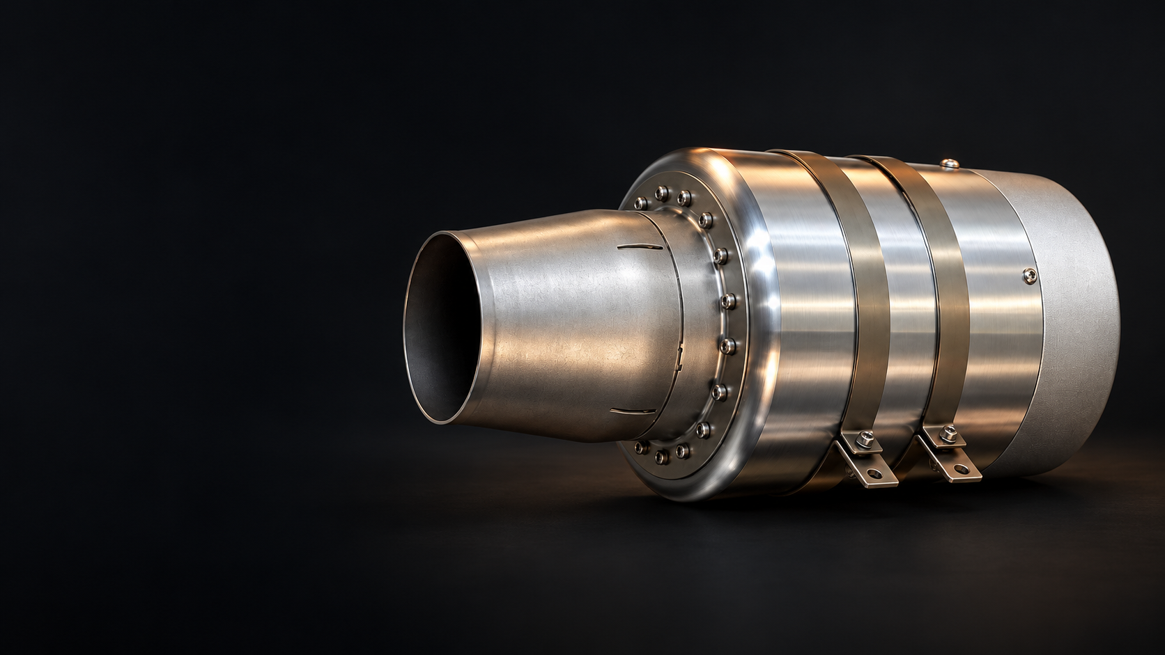 TALOS T450 turbojet in side profile, with stainless-steel casing, exhaust nozzle and mounting brackets against a dark background