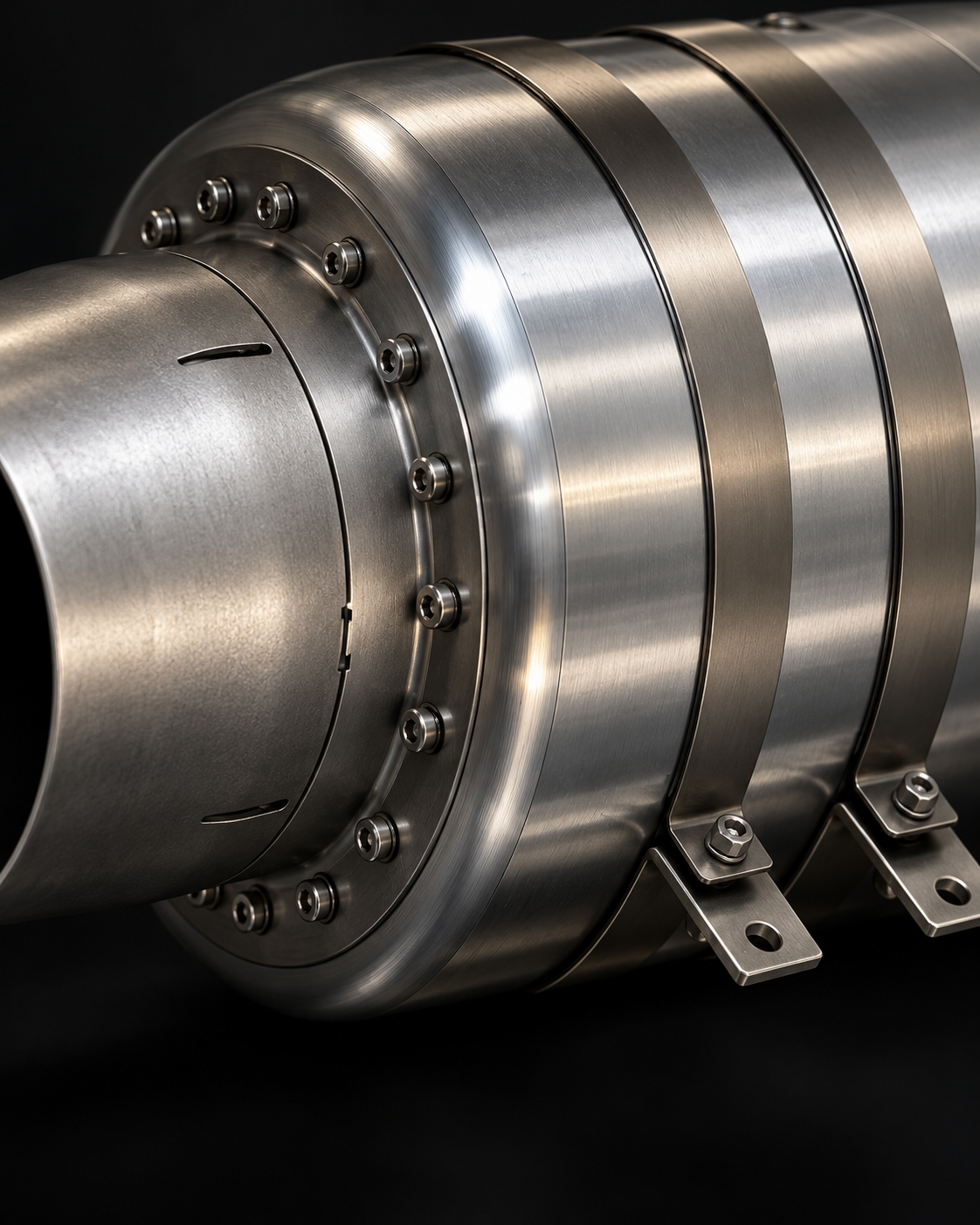 Close-up of the TALOS T450 turbojet's stainless-steel exhaust, bolted casing, circumferential bands and mounting brackets