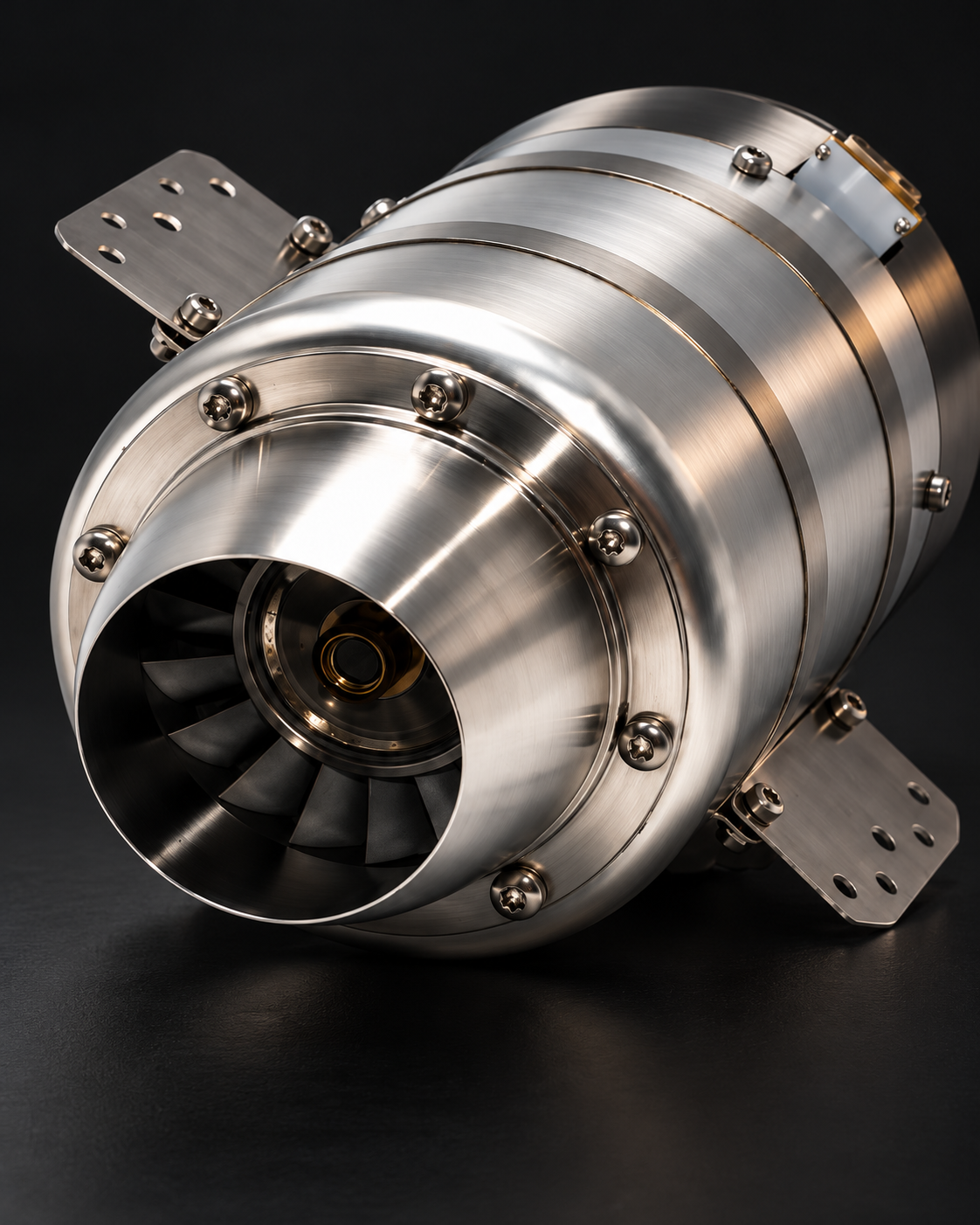 TALOS T132 compact turbojet viewed from its circular intake, showing compressor blades, stainless-steel housing and mounting tabs