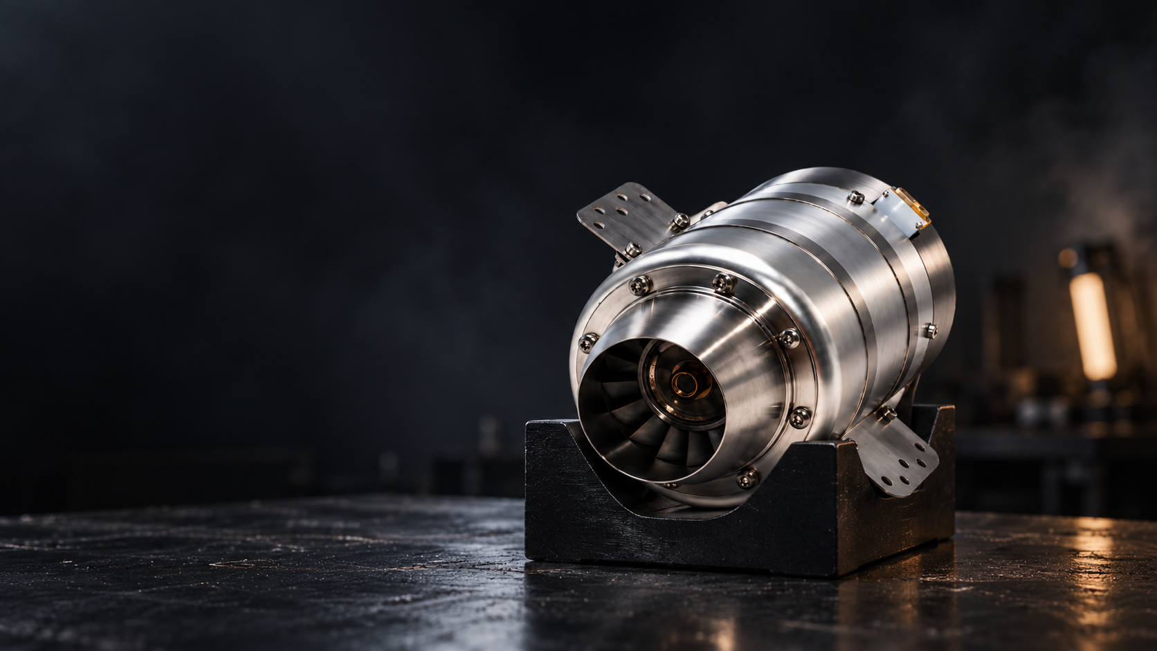 Compact stainless-steel turbojet on a dark support block, its intake facing forward on a workshop bench